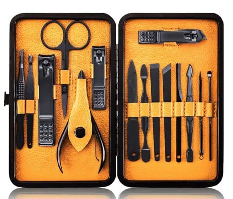 Keiby Citom Stainless Steel Nail Clipper Kit with 15 tools and elegant black/yellow case for grooming on-the-go.