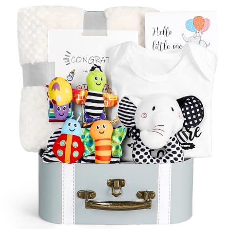 High Contrast Baby Gift Set with Elephant Toys, Rattle Socks, Blanket, and Onesies; Perfect Baby Shower Gifts.