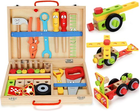 WEMEMORN Kids Tool Kit: 43 wooden tools and toolbox for boys and girls to learn through play. Perfect gift for Christmas or birthdays!