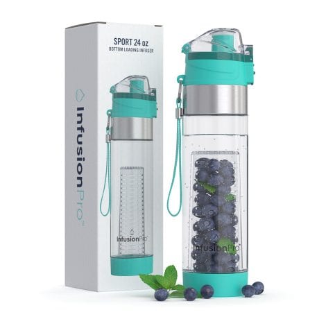 Infuse & Go Water Bottle, 24 oz. with Neoprene Sleeve, Carry Strap, and Secure Lid – Perfect for Work, Travel, and Gym – Teal color.