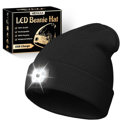 Dark Black HEYAXA LED Beanie: A rechargeable headlamp hat that makes a perfect Christmas gift for men, women, and teens.