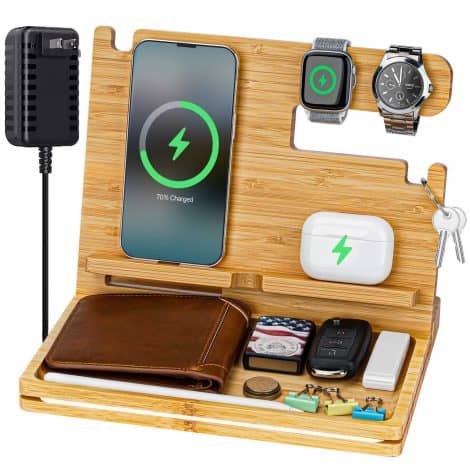 Wireless Bamboo Charging Station: Perfect Christmas gift for dads, husbands, and men who love practicality and organization.