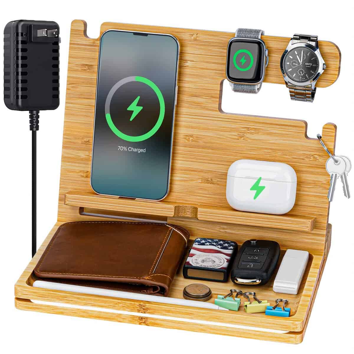 ZAPUVO Wood Phone Docking Station, Dad Gifts for Christmas Xmas from Daughter Son, Bamboo Wireless Charging Station Organizer, Anniversary Birthday for Men Husband Him from Wife Stocking Stuffers