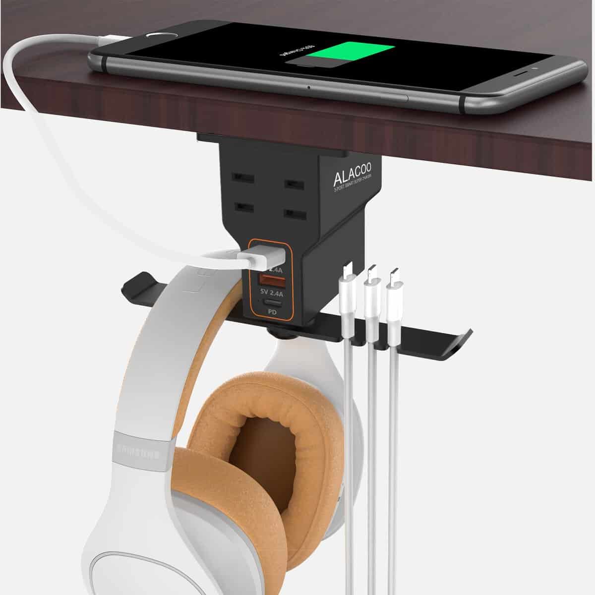 Headphones Stand Headset Hanger with 3USB Charger 1 Type C + 2 USB A Charging Port 2 2-Prong AC Outlets Power Headphone Holder Hook Charging Station Under Desk for Gamer Gift Desk Gaming Accessories