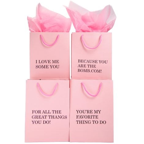 4-pack of Medium Pink Gift Bags with handles and tissue paper. 15+ designs for unique and hilarious gifts.