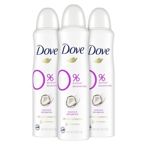 Dove Zero Aluminum Deodorant Spray, 48-hour Protection, Coconut & Pink Jasmine, 4 oz (Pack of 3).