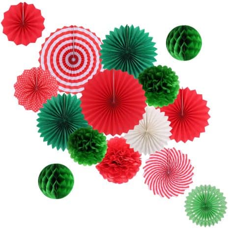 Christmas Celebration Bundle: Vibrant Hanging Decorations for Festive Parties – Includes Fans, Poms, Flowers, and Balls.