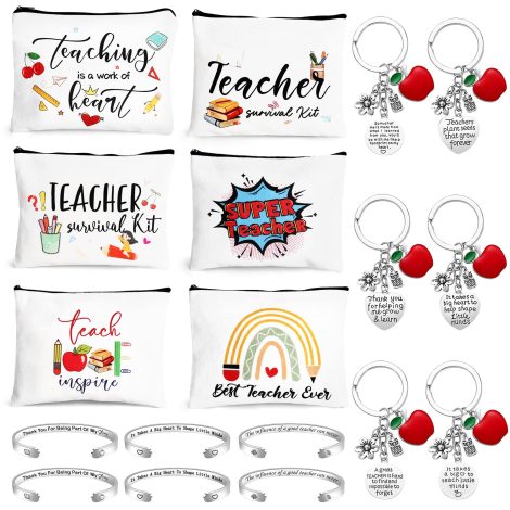 Bulk set of 18 teacher appreciation gifts, including makeup bags, keychain, bracelet. Perfect for Christmas or graduation.