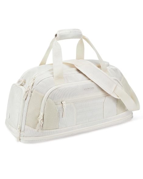 “Durable Beige Gym Duffle Bag with Shoe Compartment & Wet Pocket, Perfect for Traveling and Workouts.”