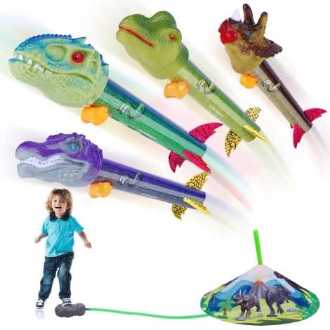 Dino Blast Toy Rocket Launcher – Soar 100 Ft, 4 Rockets, Great Outdoor Fun for Kids! Perfect Gift!