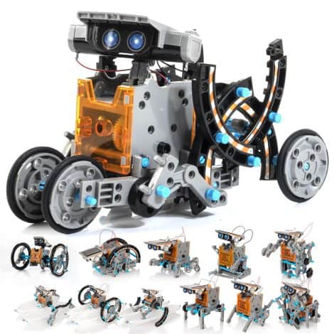 A solar-powered toy kit with 14 different robot models, perfect educational gift for kids aged 8-12.