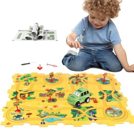 Dino Puzzle Track Car Set: Educational plastic puzzles, complete with vehicles, railways, and tracks for kids 3-5. Perfect gift for boys and girls aged 2-6!