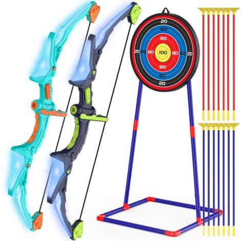 2023 Kids Bow and Arrow Set: Light-up, safe suction cup arrows, glowing target. Perfect gift for ages 4-12.