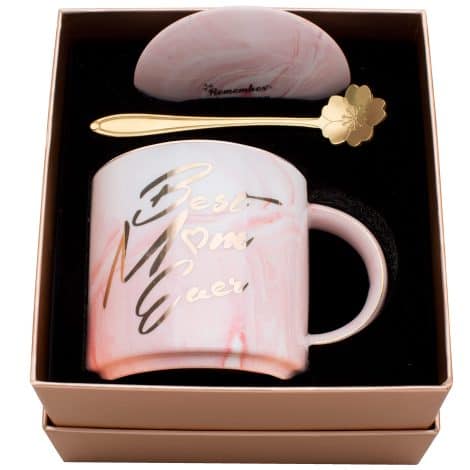 Luspan’s Best Mom Ever Pink Marble Ceramic Coffee Mug (11.5oz) with Lid – Perfect Gift for Mom’s Day or Birthday.