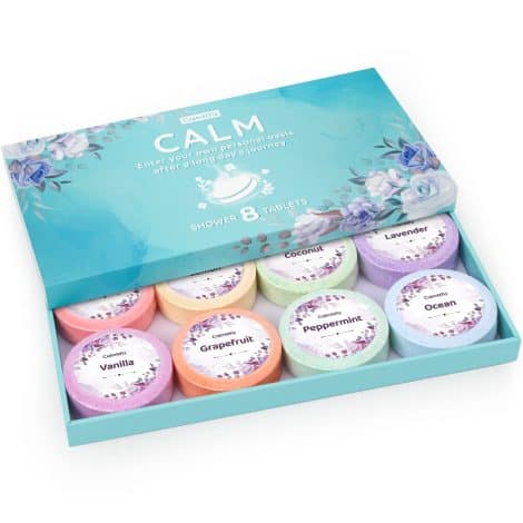 Shower Bliss Bundle: 8 CalmNFiz steamers in a luxe gift box for ultimate self-care and relaxation. Perfect Christmas treat for all genders.