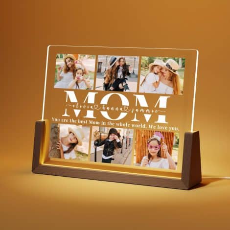 Customized acrylic night light with photos for mom, ideal personalized Christmas or birthday gifts, celebrating the best mom.