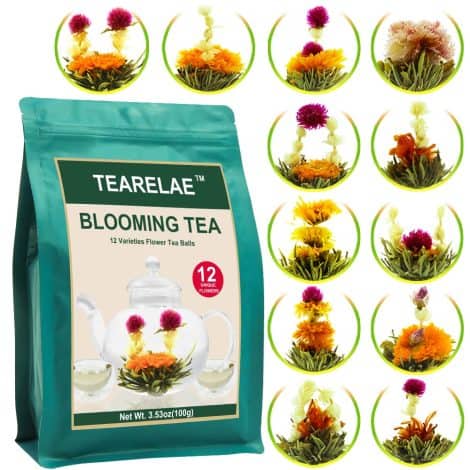 Gifts For Tea Enthusiasts: TEARELAE Blooming Tea Flowers – 12 Hand-Tied Flowering Tea Balls with Edible Flowers.