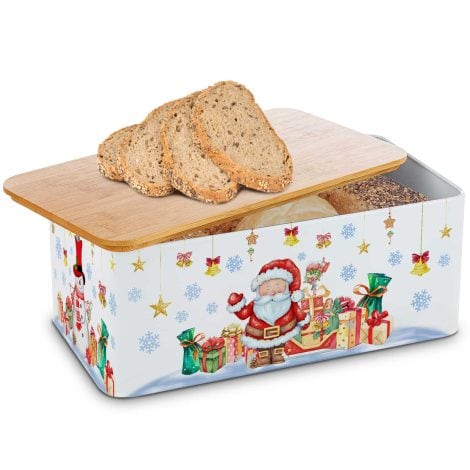 Santa’s Bread Box: Festive Christmas-themed container with bamboo lid for modern bread storage, perfect for gifting and organizing.