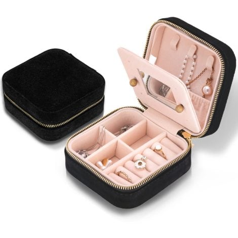 Black Velvet Travel Jewelry Box with Mirror, Small Case for Women and Girls, Portable Organizer for Accessories.