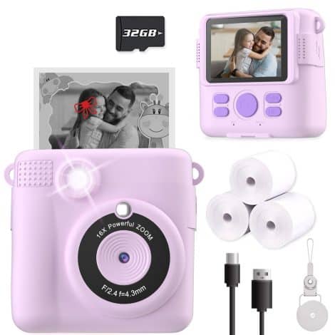 YIQIAOHUI ??? Instant Print Camera for Kids, perfect Christmas or birthday gift for boys and girls. High-quality digital video camera for young children with 32GB SD card. Portable toy for 4-10 year old girls. Purple color.