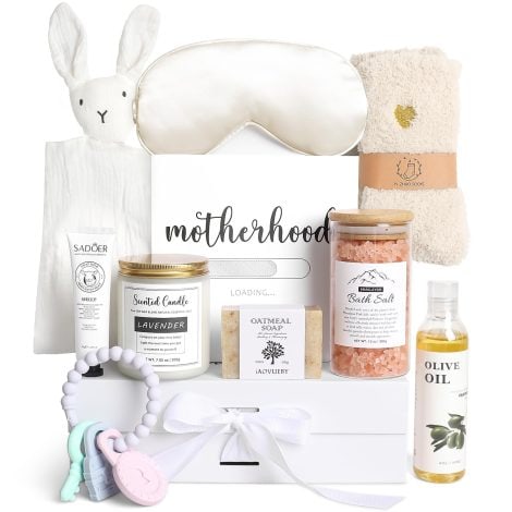 White New Mom Gift Basket: Essential Baby Shower & Pregnancy Gifts for First Time Moms. Self-care package for women.