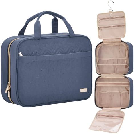 Aegean-Blue Portable Travel Organizer for Women – Holds Full-Sized Toiletries, Brushes, and Travel-Sized Accessories.