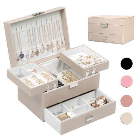 Champagne-colored Dajasan 3-layer Jewelry Box, a perfect gift for Christmas, Valentine’s, Birthdays, or Mother’s Day.