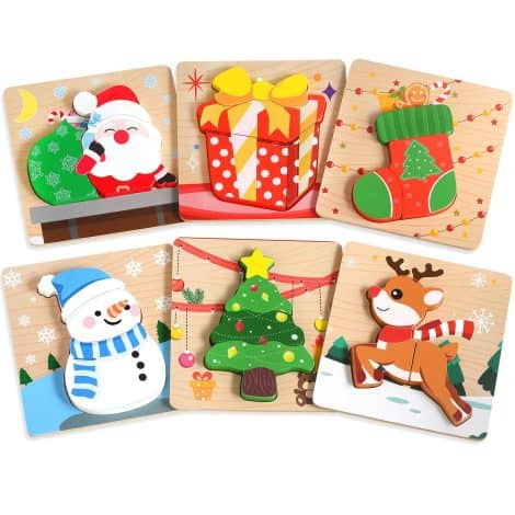 Wooden Christmas puzzles for toddlers, perfect for boys and girls aged 1 to 3. Great holiday gift!