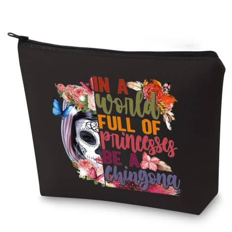 Mexican Day of the Dead themed makeup bag with a bold message for strong women. (Chingona BL)