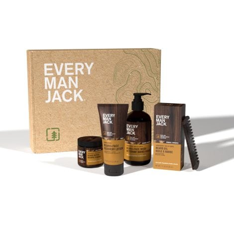 Complete set of grooming essentials for men’s beard care, including wash, lotion, oil, butter, and comb.