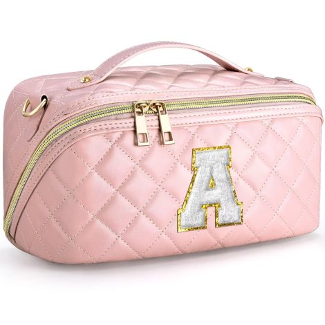 Spacious personalized makeup bag with strap handle, opens flat for organization. Perfect gift for women!