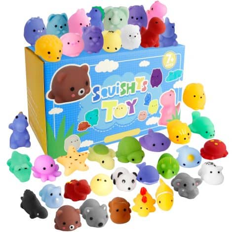 40 adorable animal squishy toys, perfect for Christmas stockings or as classroom prizes and party favors.