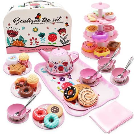 Tea time toy set for little girls – 44 pieces with teapot, dishes, desserts, and carrying case. Perfect gift!