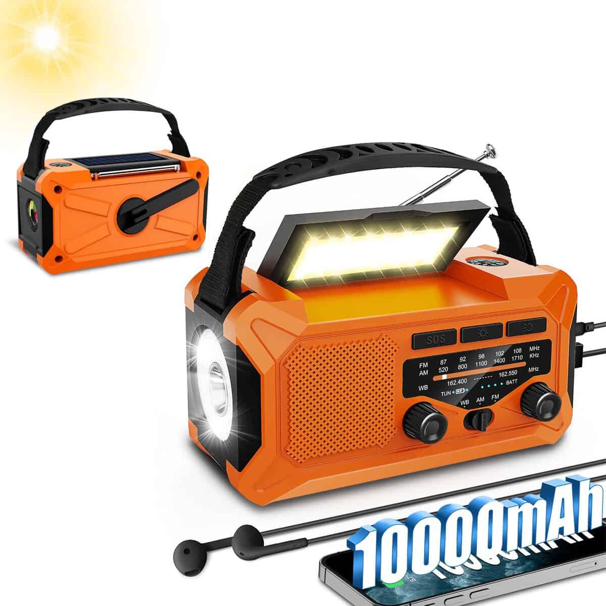 10000mAh Emergency Weather Radio with Solar Charging, Hand Crank & Type-C Charge, Portable Radio AM/FM/NOAA, LED Flashlight Reading Lamp Compass for Outdoor Camping Phone Charger SOS Alarm Radio