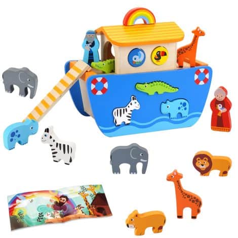 Wooden Noah’s Ark Animal Playset for Toddlers, with Bible Story Book, Perfect Baptism Gift for Boys and Girls.