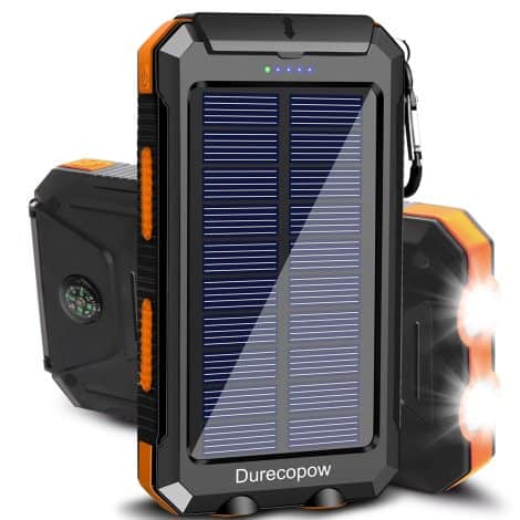 Waterproof Solar Power Bank with Dual USB Ports, LED Flashlight, and Compass – perfect for outdoor activities.