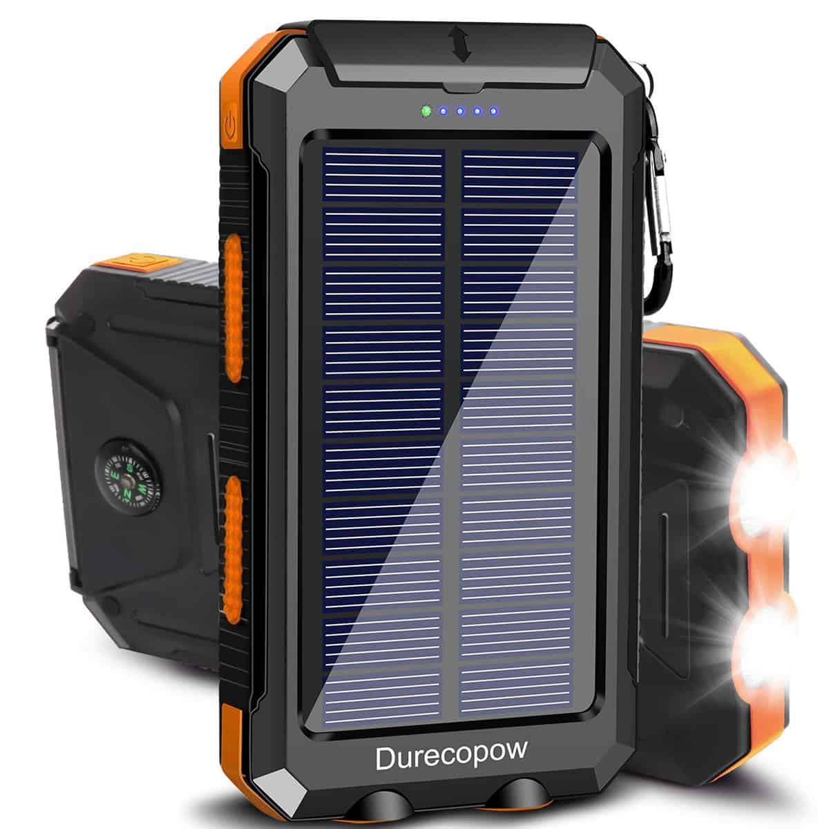 Solar Charger, 20000mAh Portable Outdoor Waterproof Solar Power Bank, Camping External Backup Battery Pack Dual 5V USB Ports Output, 2 Led Light Flashlight with Compass (Orange)