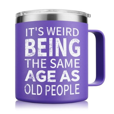 NOWWISH Christmas Gifts for Women – Quirky Aging Alongside Seniors Coffee Mug – Hilarious Gifts for Moms, Wives, Grandmas, and Besties on Birthdays and Mothers’ Day (14oz, Purple)