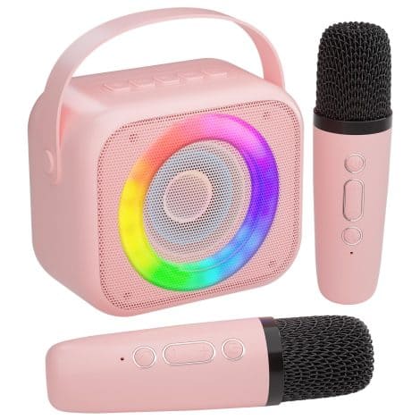 Verkstar Kid’s Karaoke Machine: Compact, Bluetooth Speaker with 2 Wireless Mics, Colorful Lights – Perfect for Family Parties!