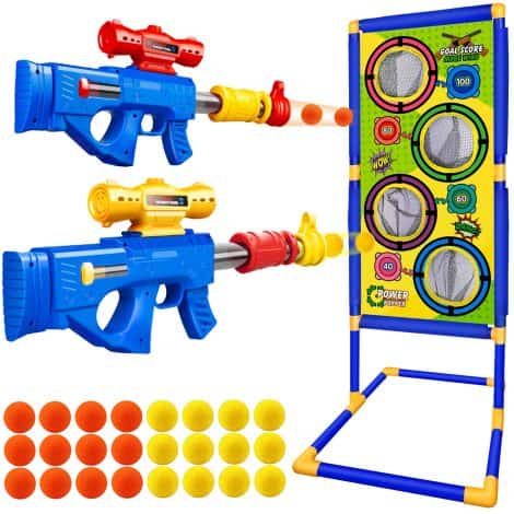 Kids’ Cusocue Shooting Game Set: Complete with 2 Blaster Guns, 24 Foam Balls, Target, for Ages 5-12. Great gift for birthdays!