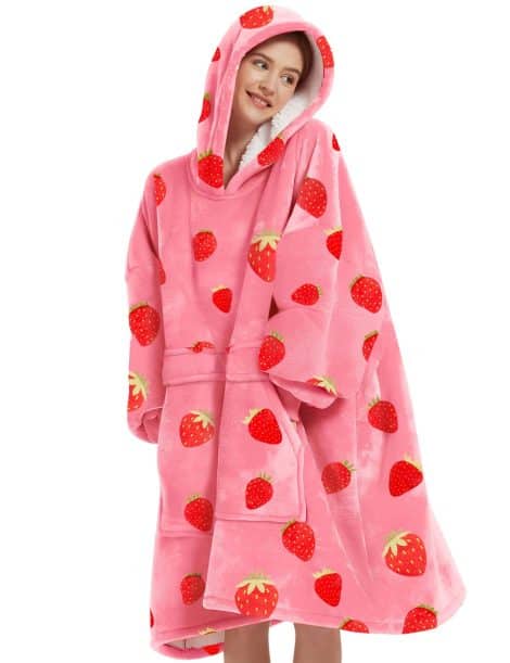 Stay cozy with the KFUBUO Strawberry Wearable Blanket Hoodie! Perfect oversized sweatshirt blanket for adults with pockets. Great gift for sisters.