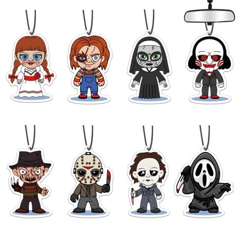 Horror Movie Character Car Air Freshener Set with 8 PCS, Perfect for Movie Lovers, Halloween, and Gifts.