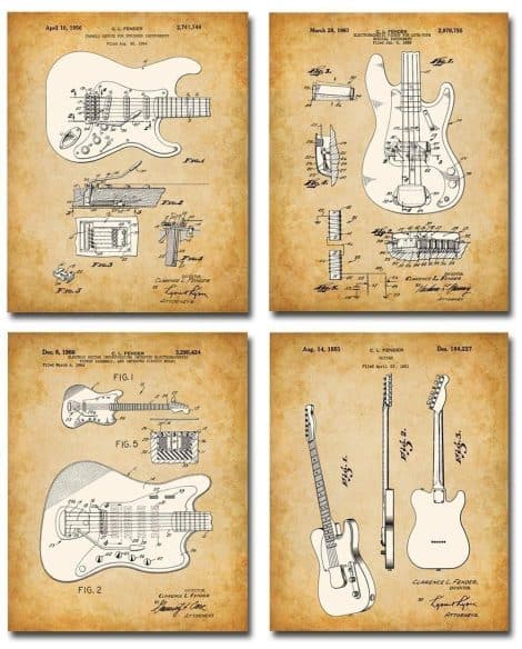 Lone Star Art Store presents a collection of four 8×10 Fender guitar posters, ideal for music enthusiasts.