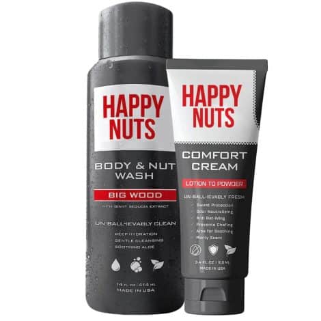 Get the Ultimate Sweat Defense and Shower Gel Bundle for Men with HAPPY NUTS Comfort Cream and Big Wood Body Nut Wash.