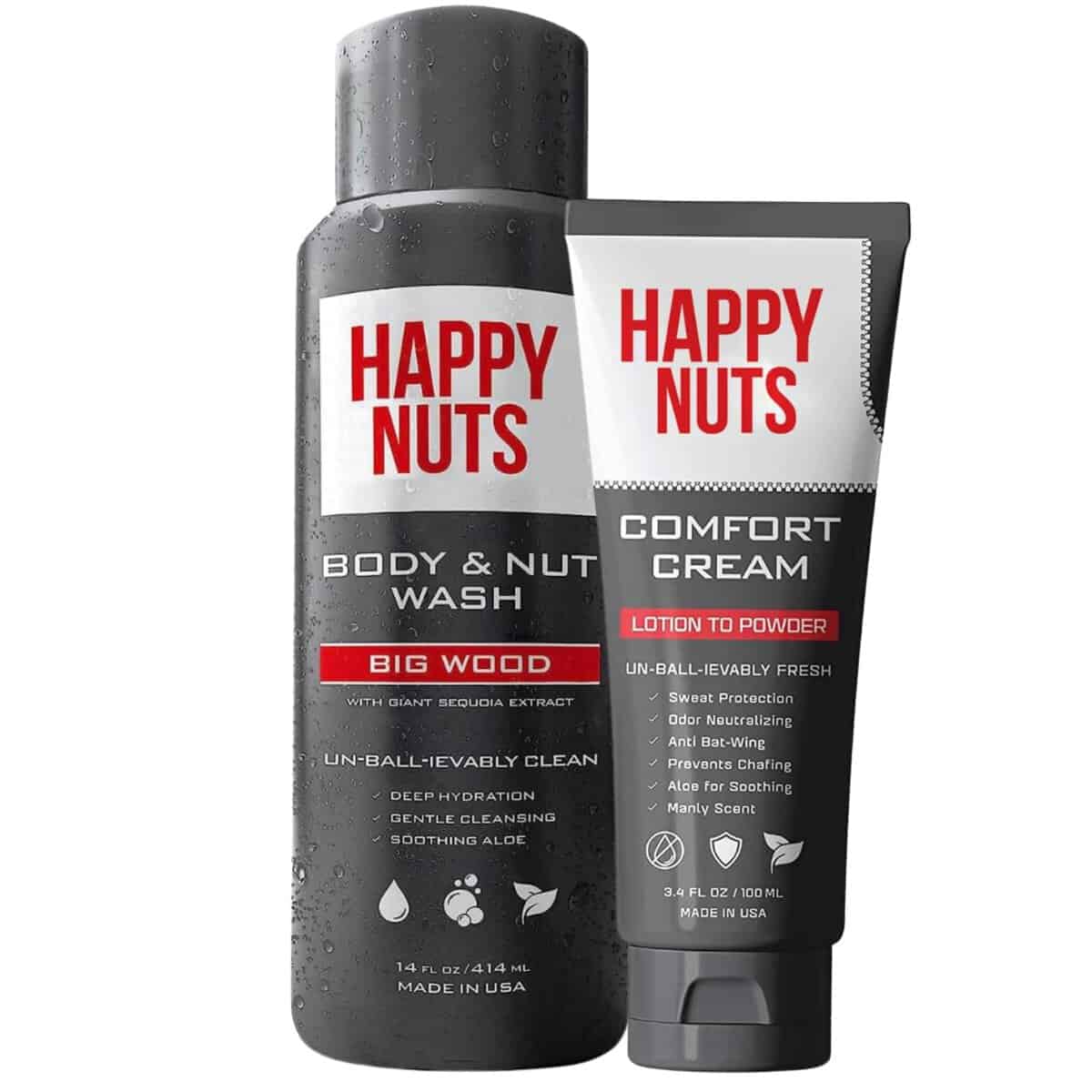 HAPPY NUTS Comfort Cream and Big Wood Body Nut Wash Bundle - Anti-Chafing Sweat Defense and a Natural Men's Shower Gel Body Wash