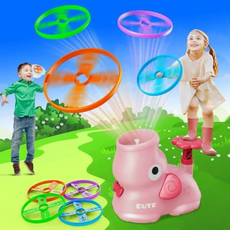 Outdoor game set with disc launcher for kids aged 3-8, featuring elephant and butterfly catching fun. Perfect for birthdays and Halloween.