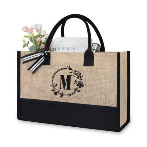 TOPDesign Monogrammed Jute/Canvas Tote Bag, Customizable Gift Bag, Ideal for Weddings, Birthdays, and Vacations, Perfect for Her.