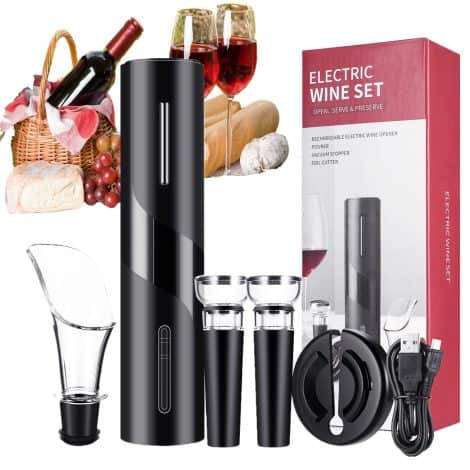 Black Electric Wine Opener Set for Wine Lovers – Perfect Christmas Gift, includes Corkscrew, Foil Cutter, Stoppers, and Pourer.