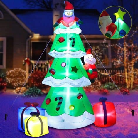 7-foot Christmas inflatable decorations with Santa Claus, Christmas tree, and LED lights for festive outdoor decor.