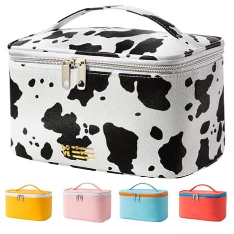 Meiyuuo Adorable Cow Print Makeup Bag – Perfect for Women, Compact and Waterproof Toiletry Organizer.